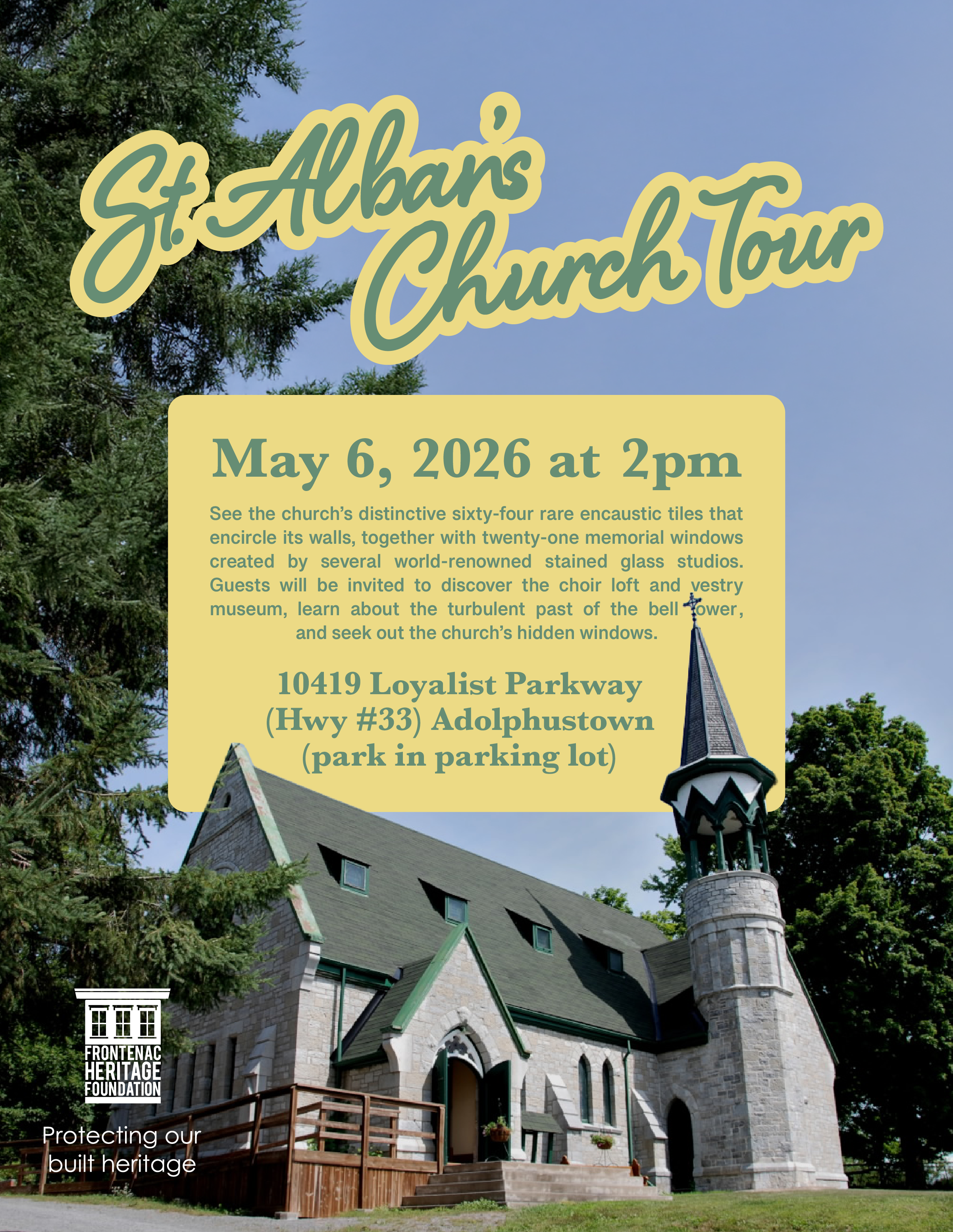 St. Alban’s Church Tour Poster with image of the church and date and time and small description of tour.