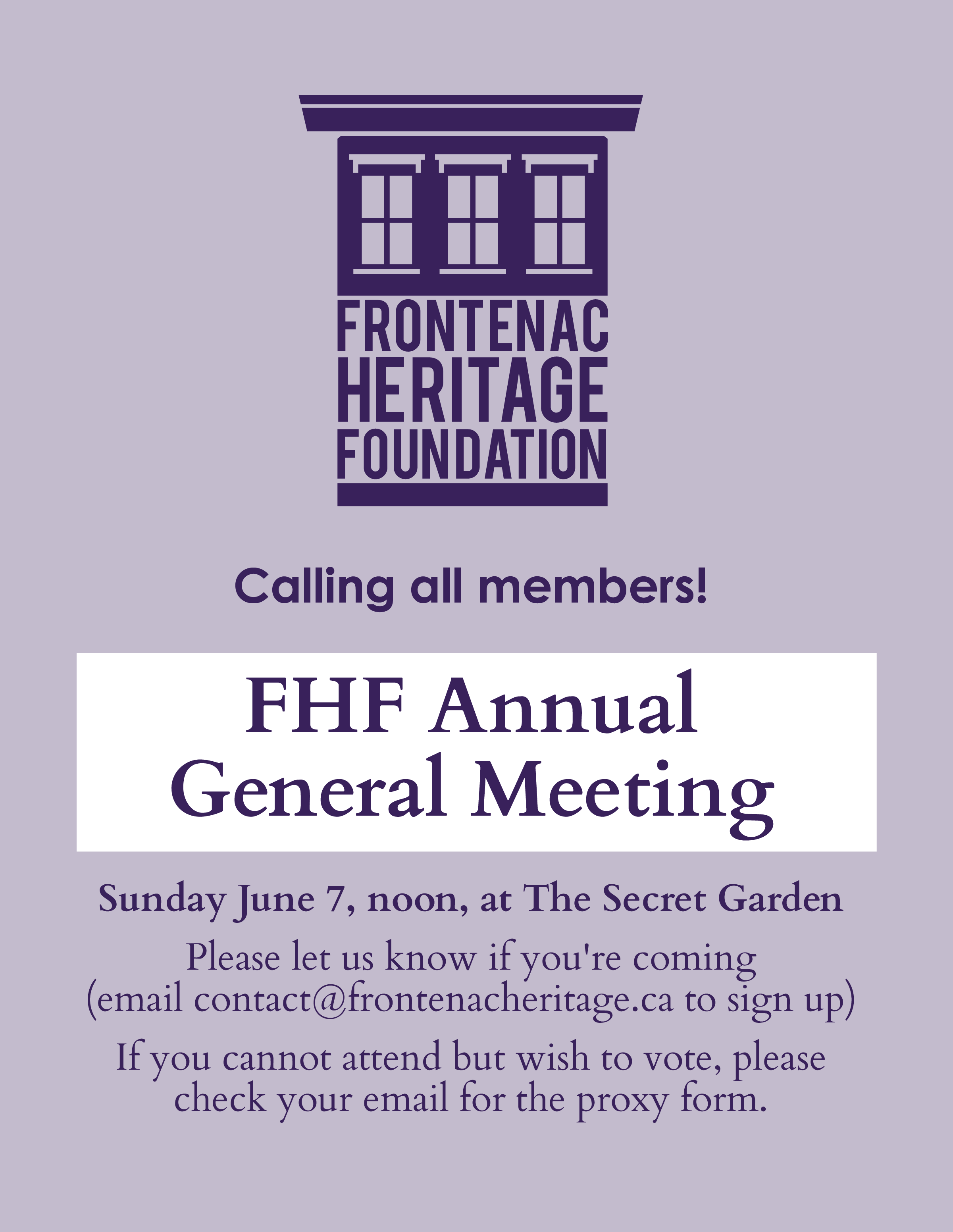 Text poster announcing the Frontenac Heritage Foundation's Annual General Meeting for 2026